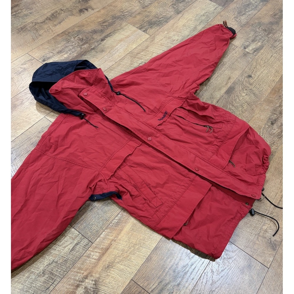 Vintage 90s Timberland Windbreaker Jacket‎ Leather Trim Red Large Hooded
